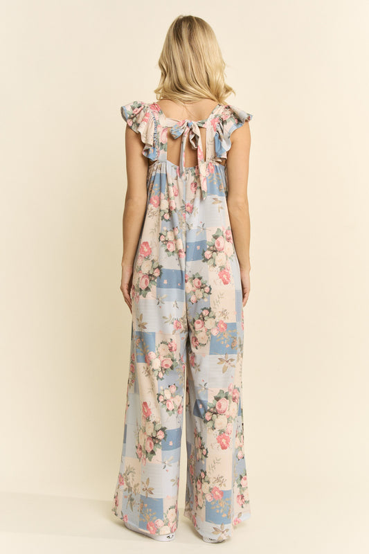 Steph Vintage Floral Wide-Leg Jumpsuit - Light Blue