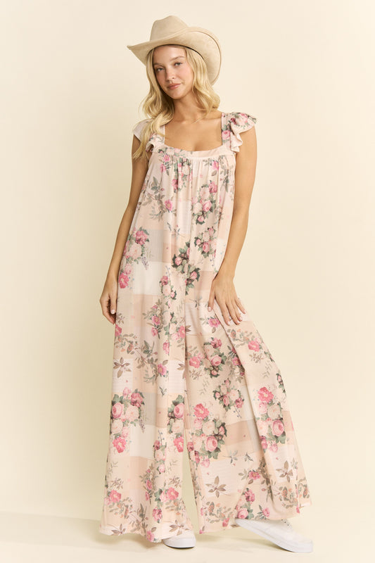 Steph Vintage Floral Wide-Leg Jumpsuit - Beige