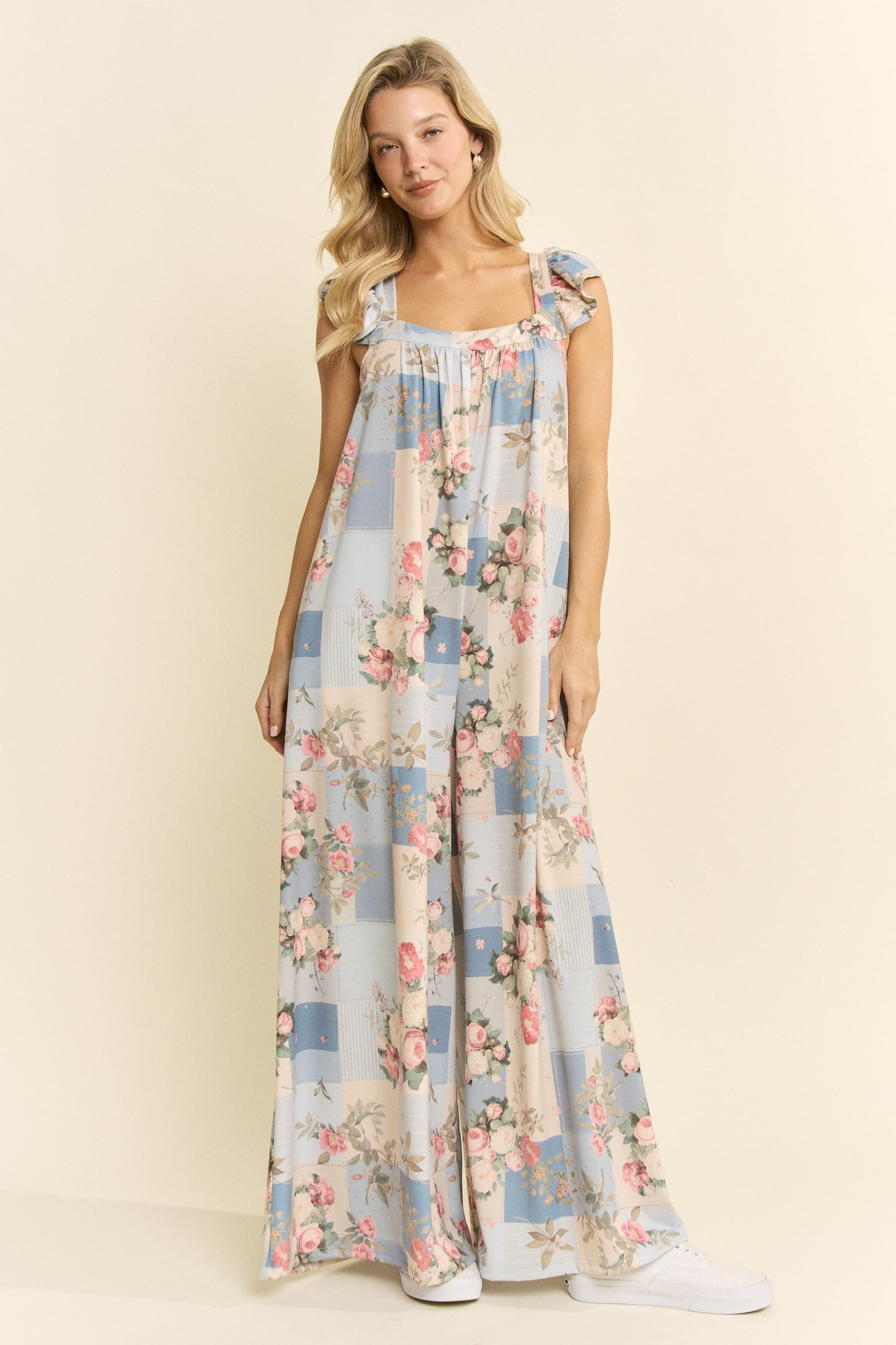 Steph Vintage Floral Wide-Leg Jumpsuit - Light Blue