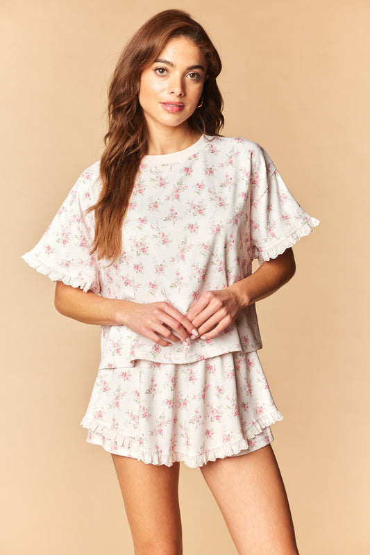 Mya Vintage Floral Waffle Knit Ruffle Lounge Set - Pink