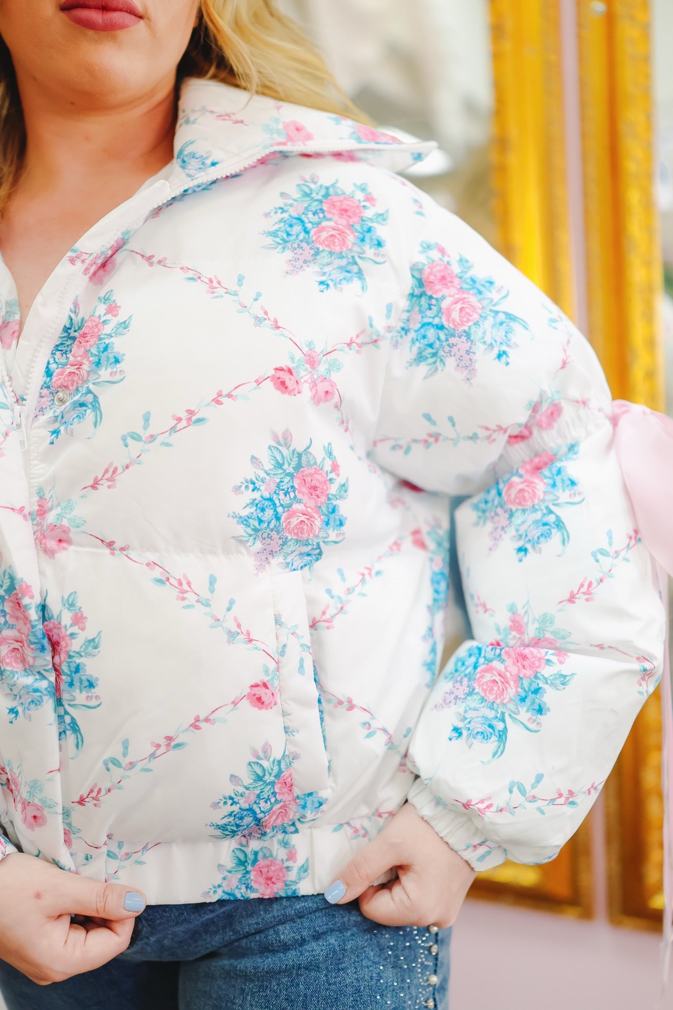 Trina Floral Bow Puffer Jacket - White