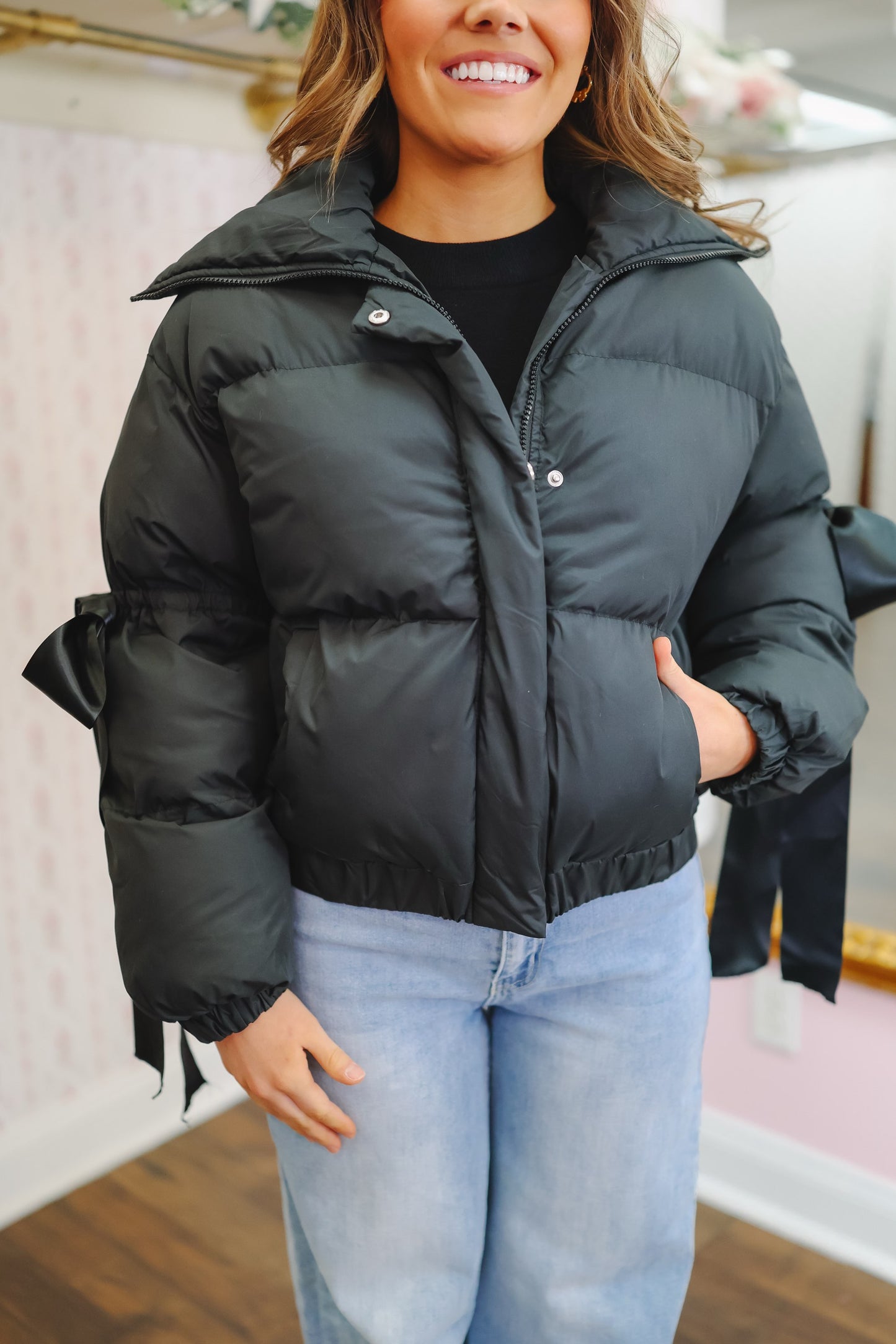Zena Bow Puffer Jacket - Black