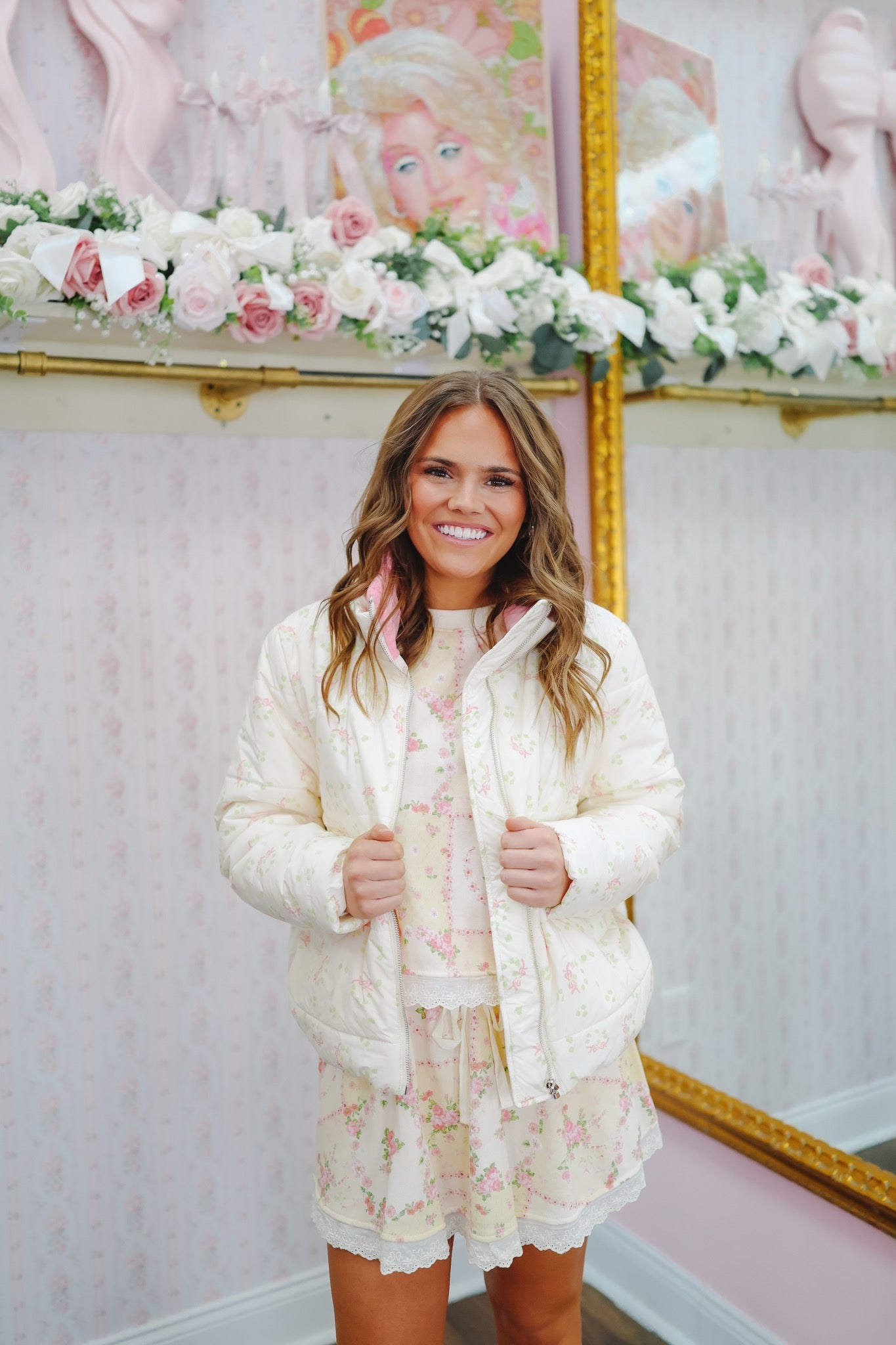 Beth Bow Print Puffer Jacket - Cream