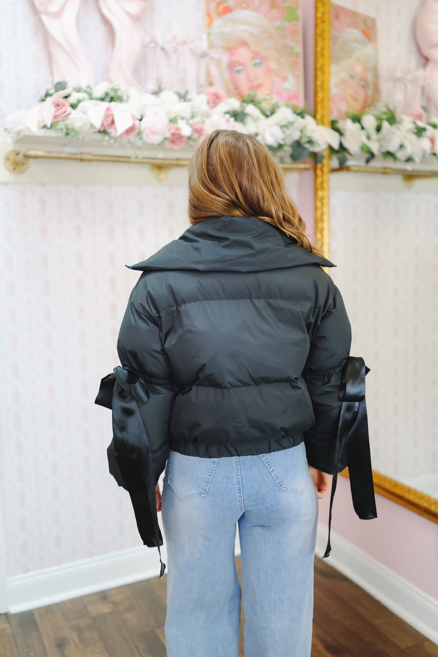 Zena Bow Puffer Jacket - Black