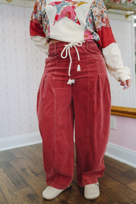 Danie Corduroy Pleated Barrel Pants - Burgundy