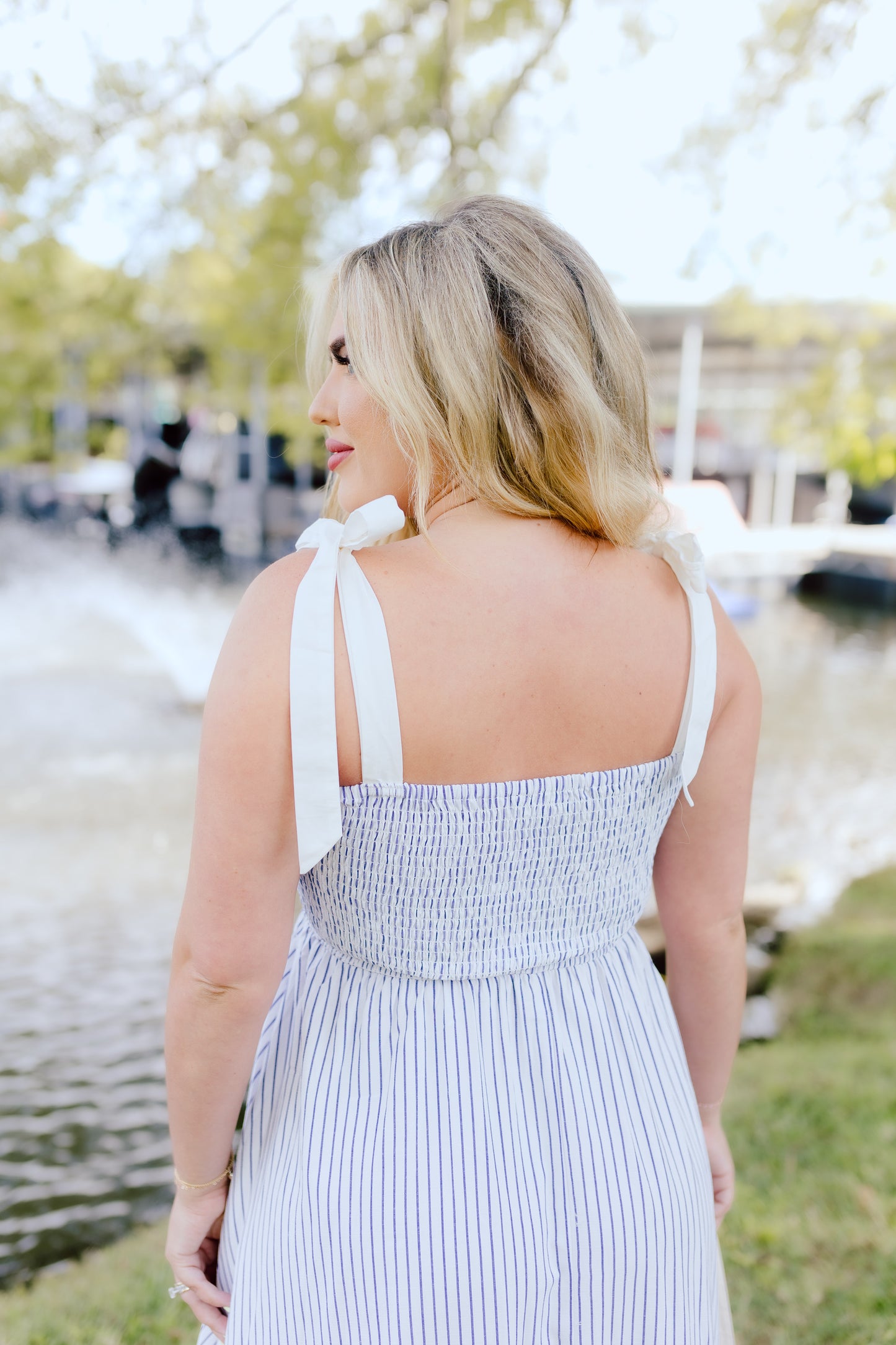 Ari Dress- Navy Pinstripe