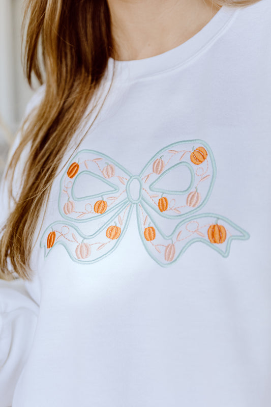 CUSTOM ORDER: Pumpkin Bow Sweatshirt- Crisp White