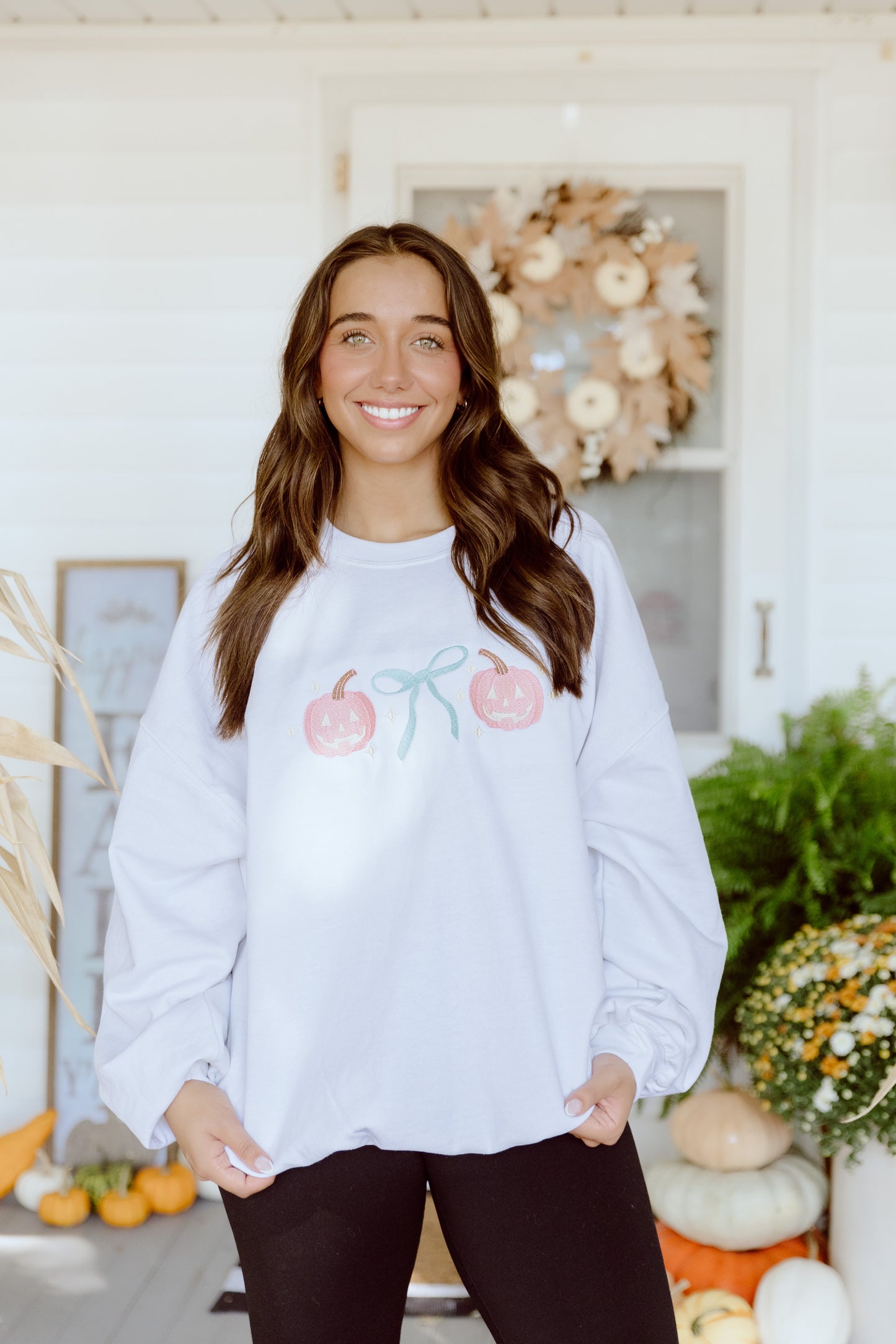 CUSTOM ORDER: Jack-'o-lanterns and Bows Sweatshirt- Crisp White