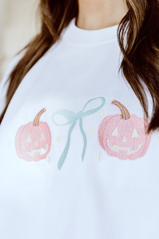 CUSTOM ORDER: Jack-'o-lanterns and Bows Sweatshirt- Crisp White