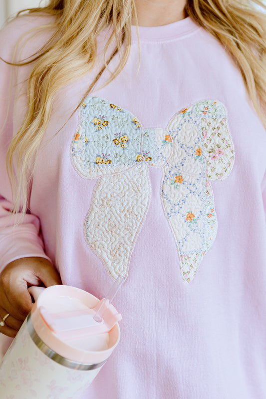 CUSTOM ORDER: Floral Patchwork Bow Sweatshirt- Baby Pink