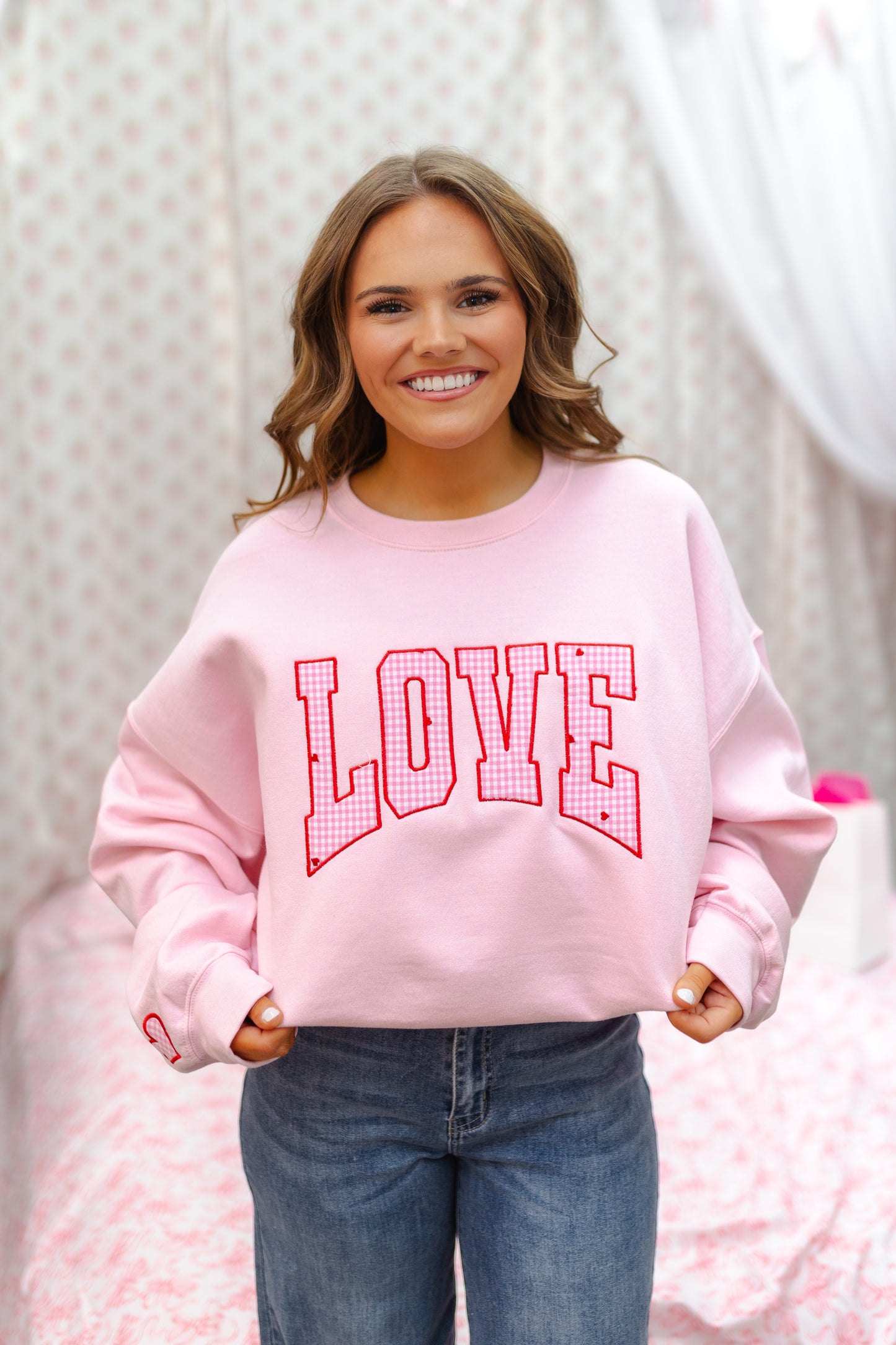 CUSTOM ORDER: Gingham Love Sweatshirt- Baby Pink