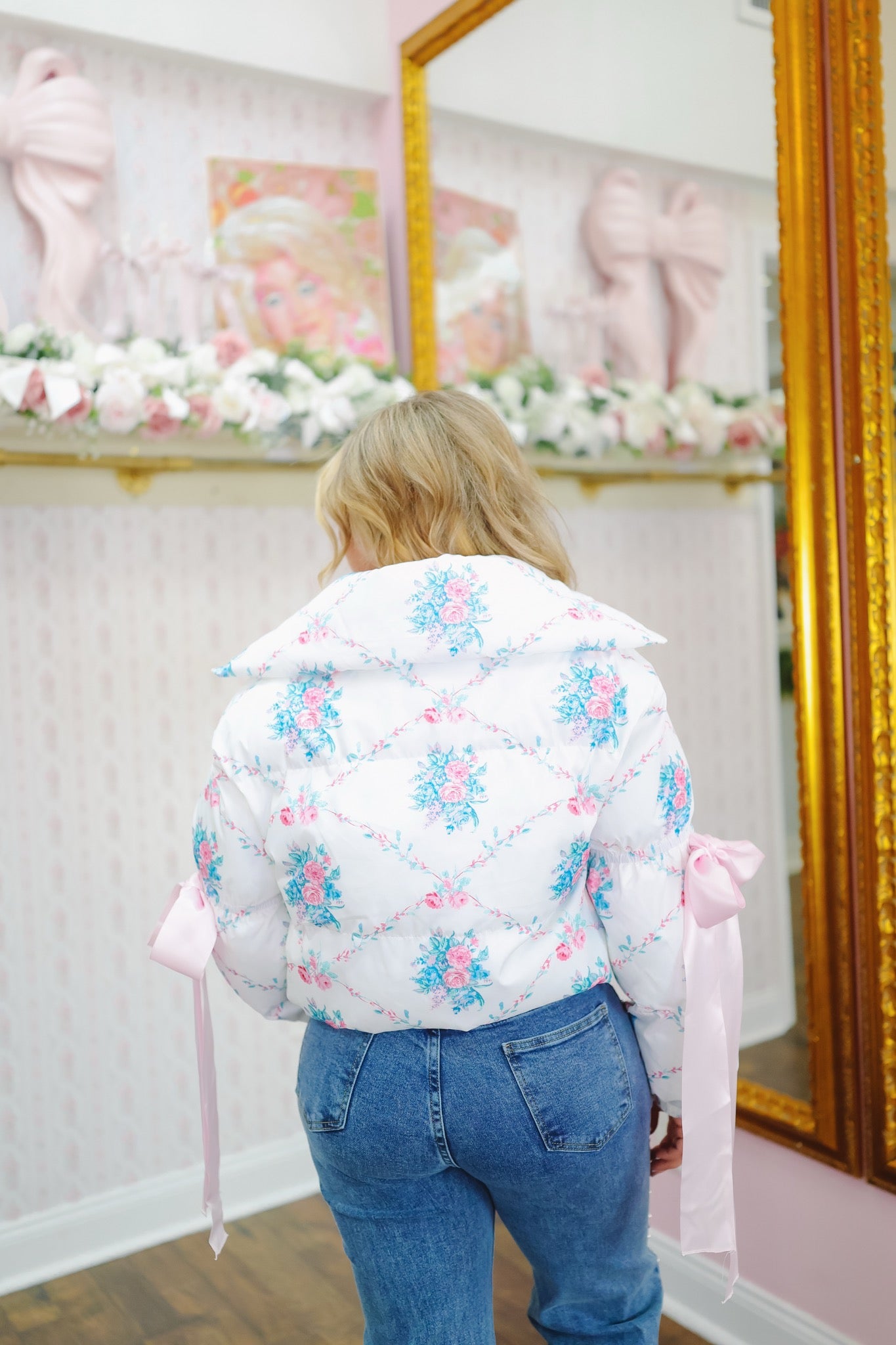 Trina Floral Bow Puffer Jacket - White