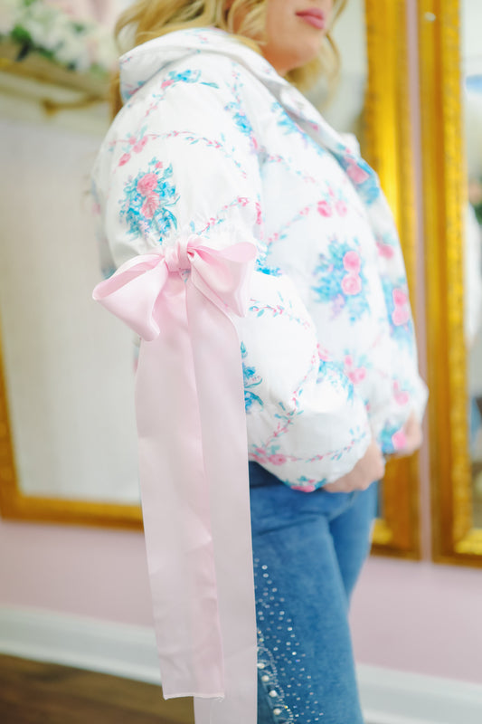 Trina Floral Bow Puffer Jacket - White