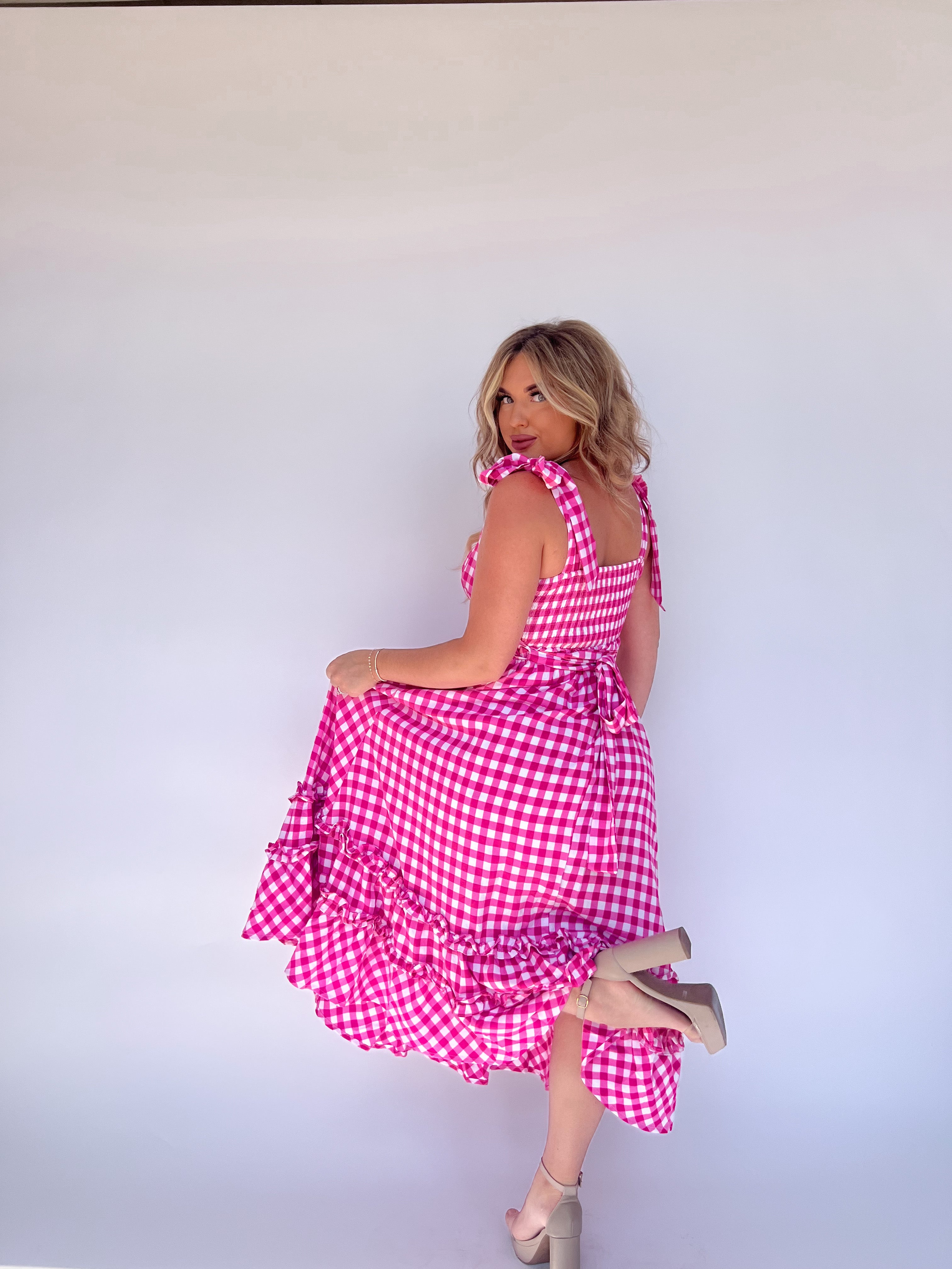 Della Gingham Dress- Hot Pink
