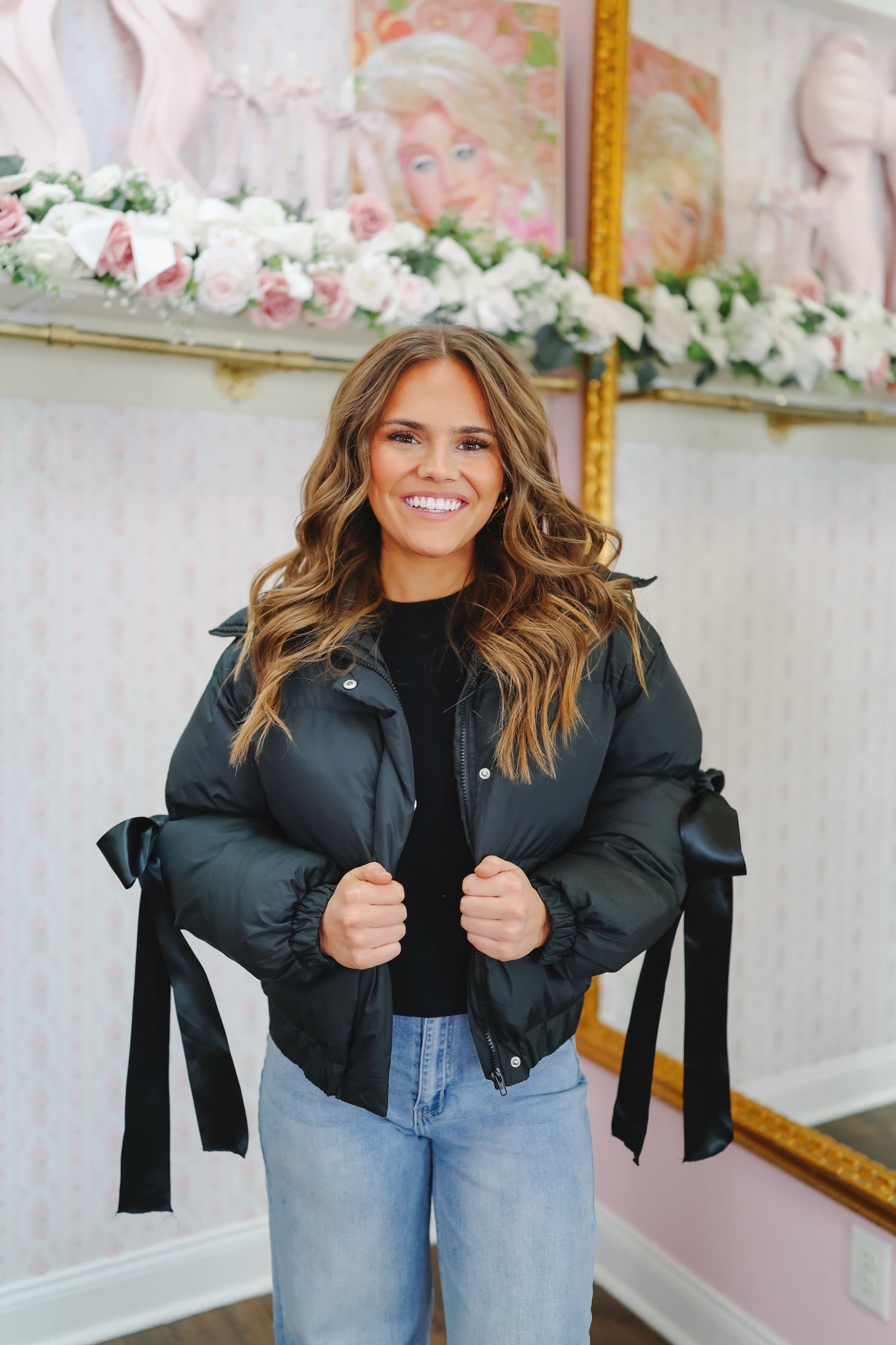 Zena Bow Puffer Jacket - Black
