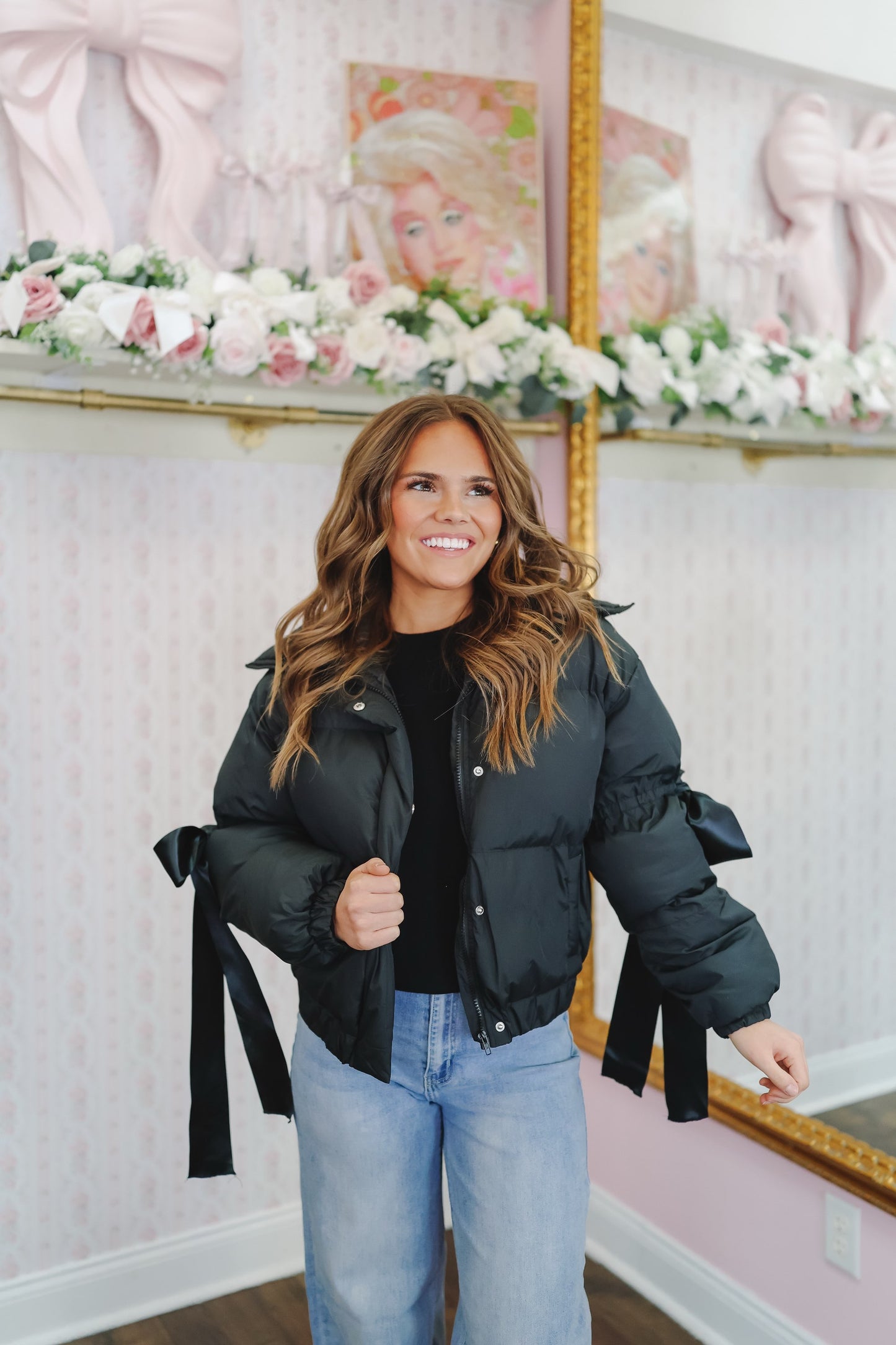 Zena Bow Puffer Jacket - Black