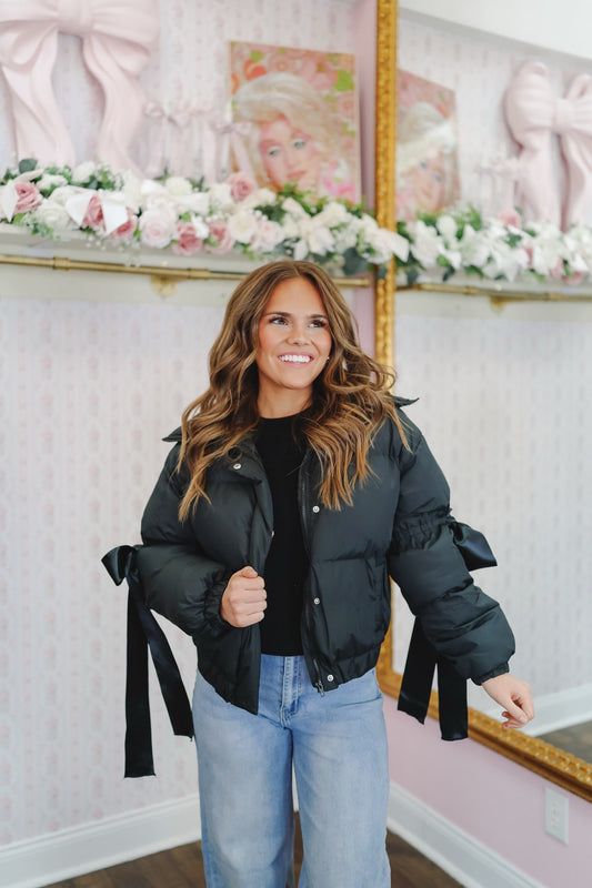 Zena Bow Puffer Jacket - Black