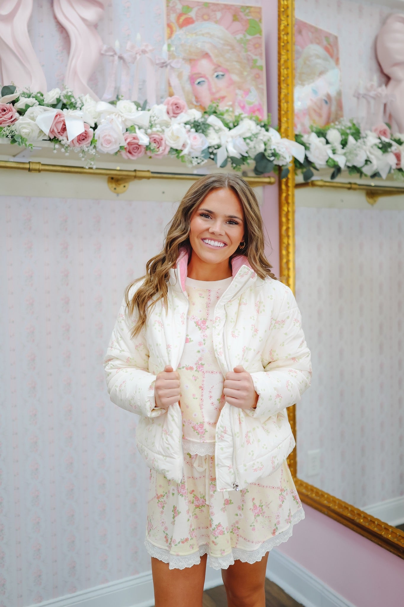 Beth Bow Print Puffer Jacket - Cream