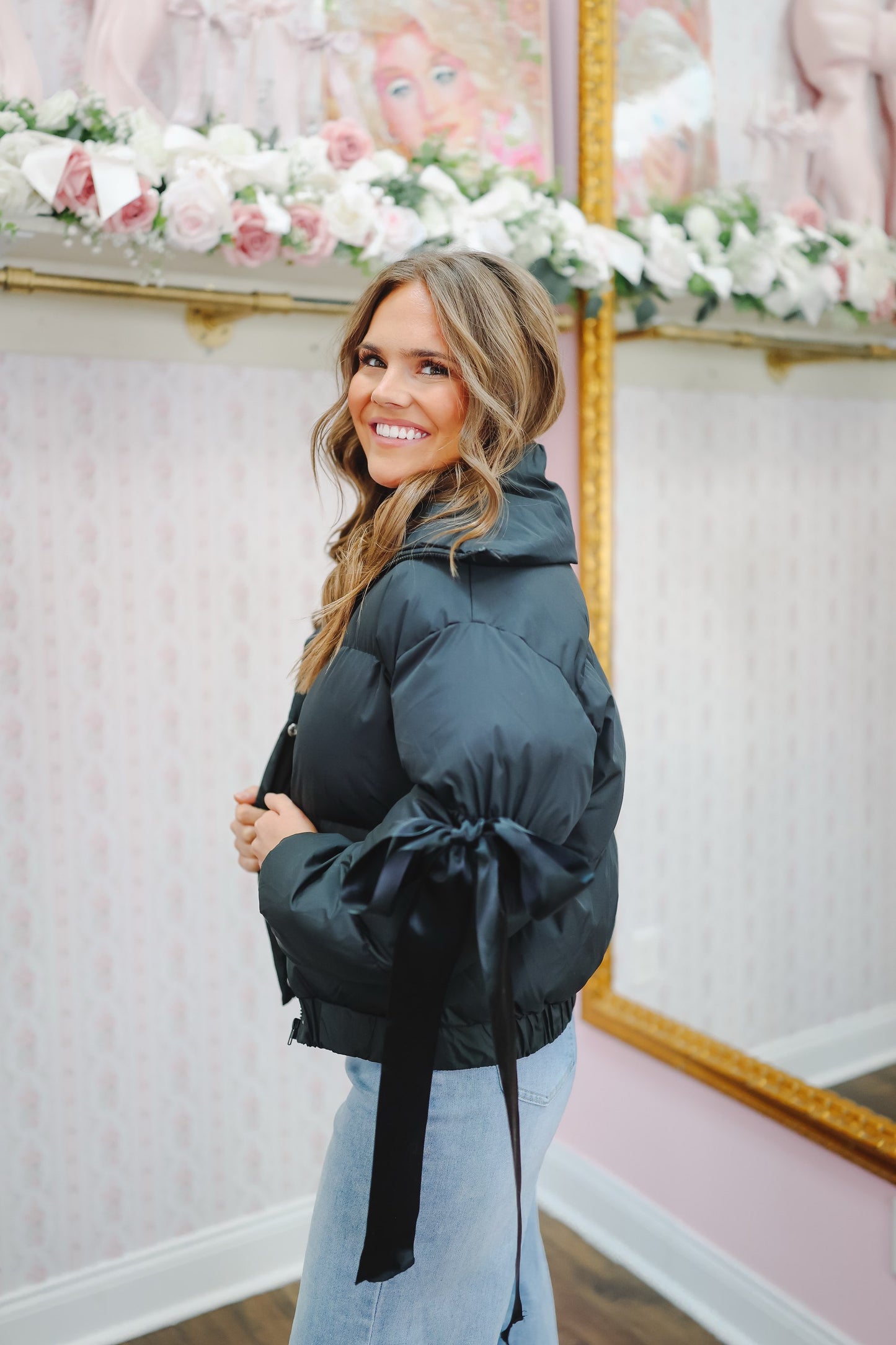 Zena Bow Puffer Jacket - Black