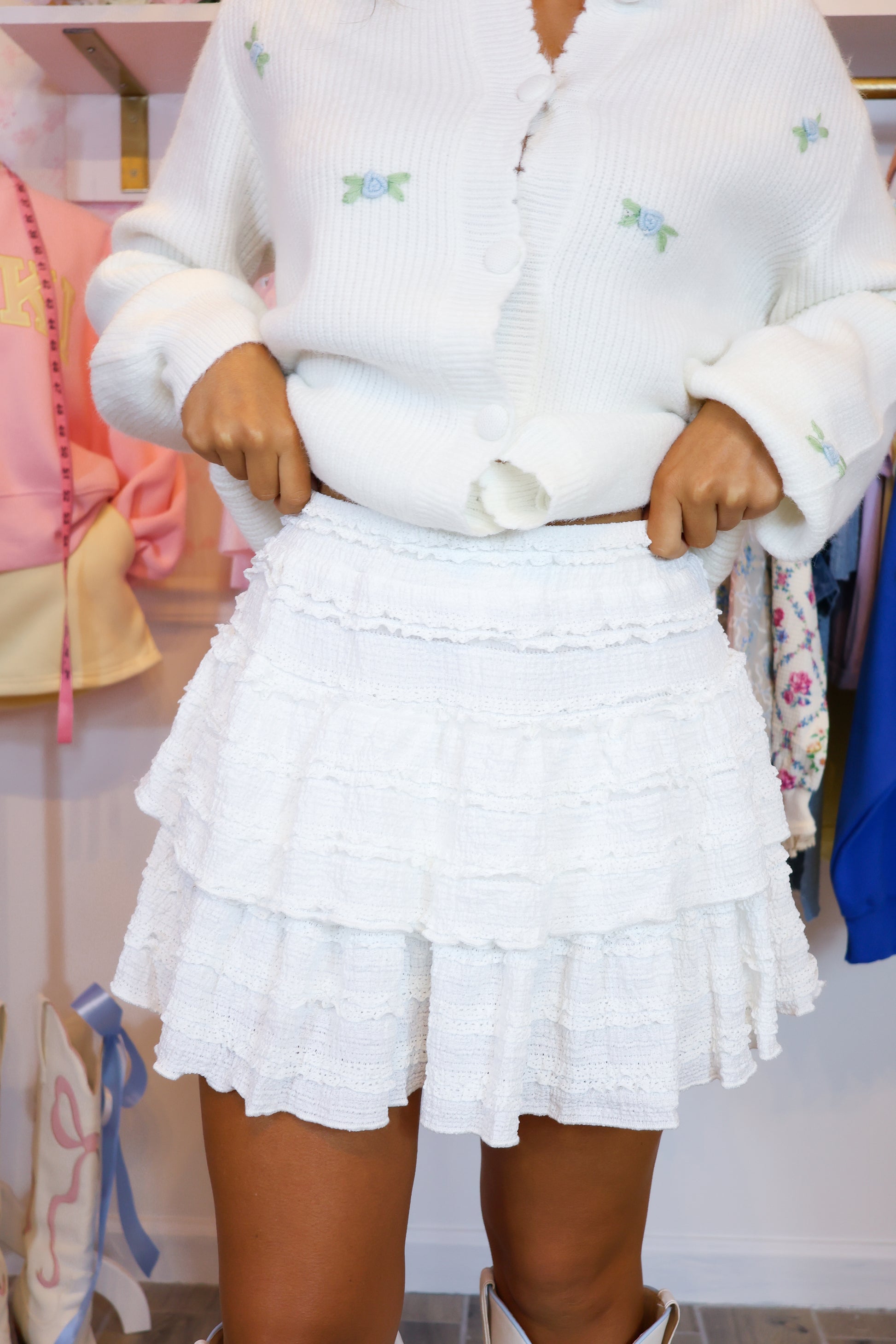 Ruffle Tiered Mini Skirt – White Lace Coquette Cowgirl