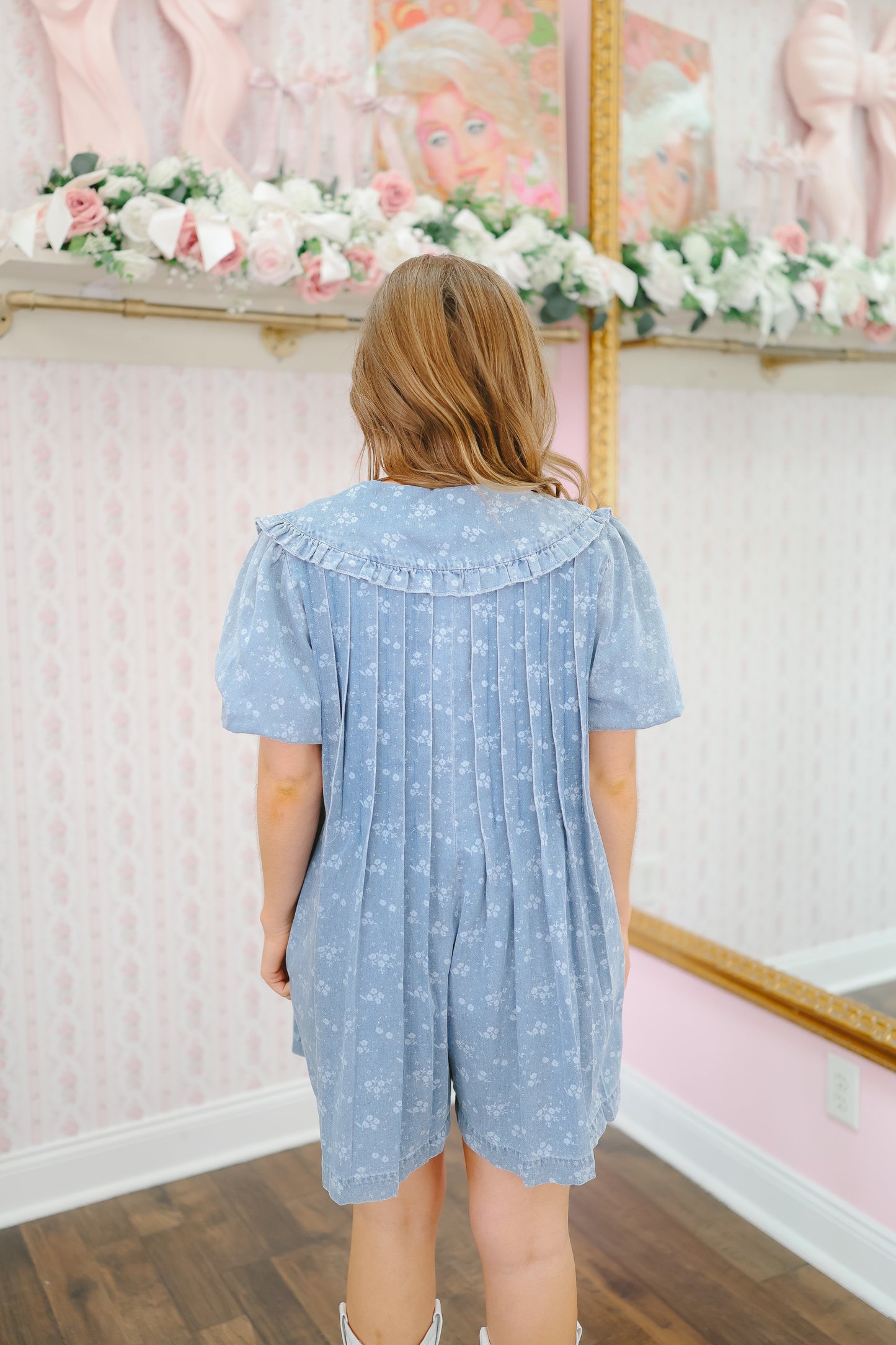 Emmy Ditsy Floral Denim Collared Romper - Medium Wash