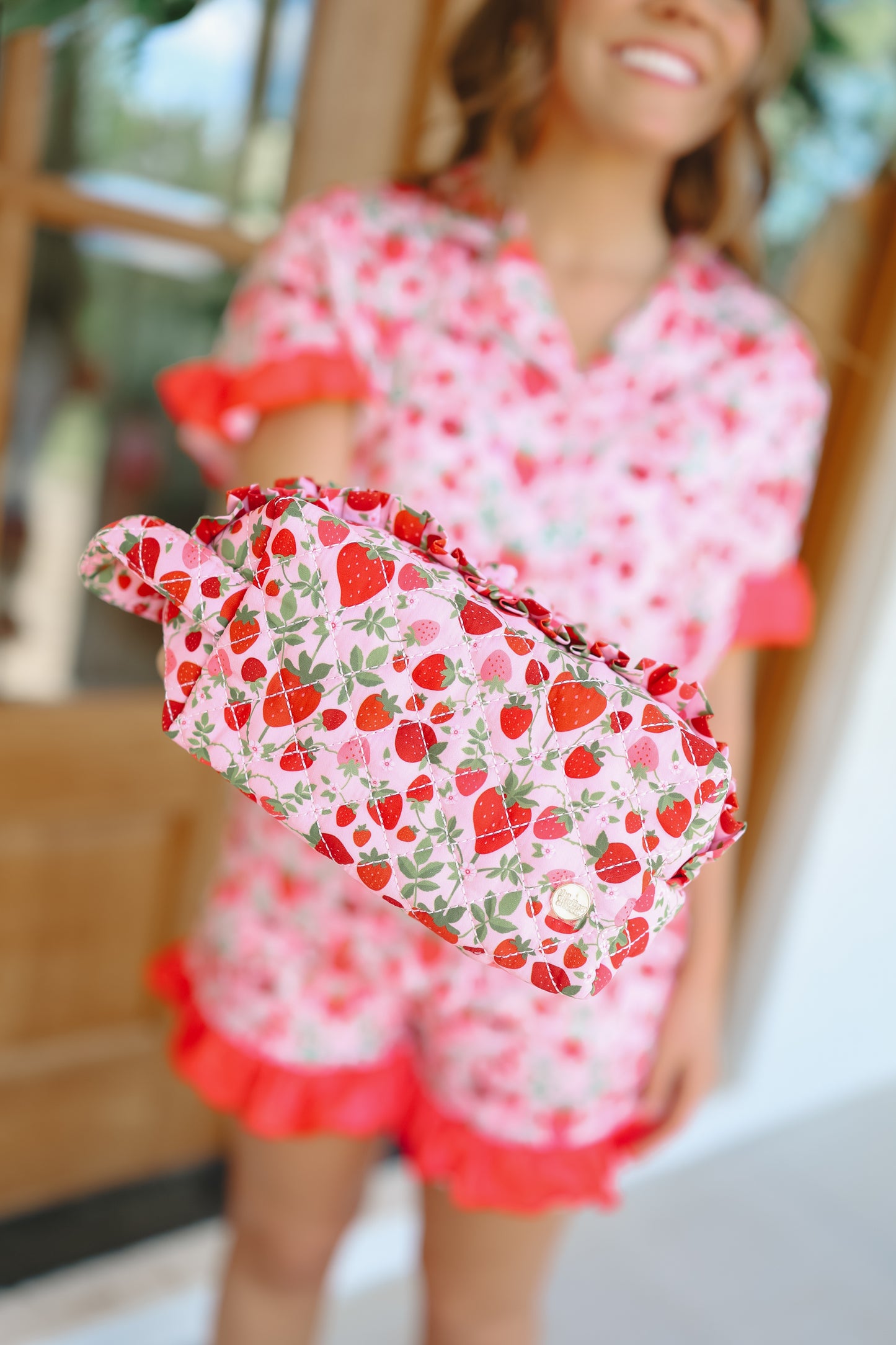 Strawberry Field Quilted Cosmetic Pouch - Red