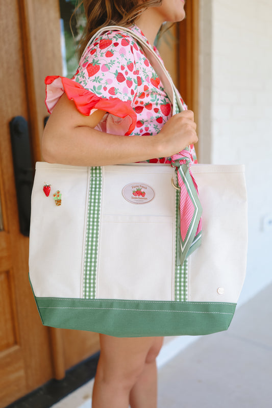 Farm Fresh Strawberry Field Canvas Tote Bag - Cream/Green