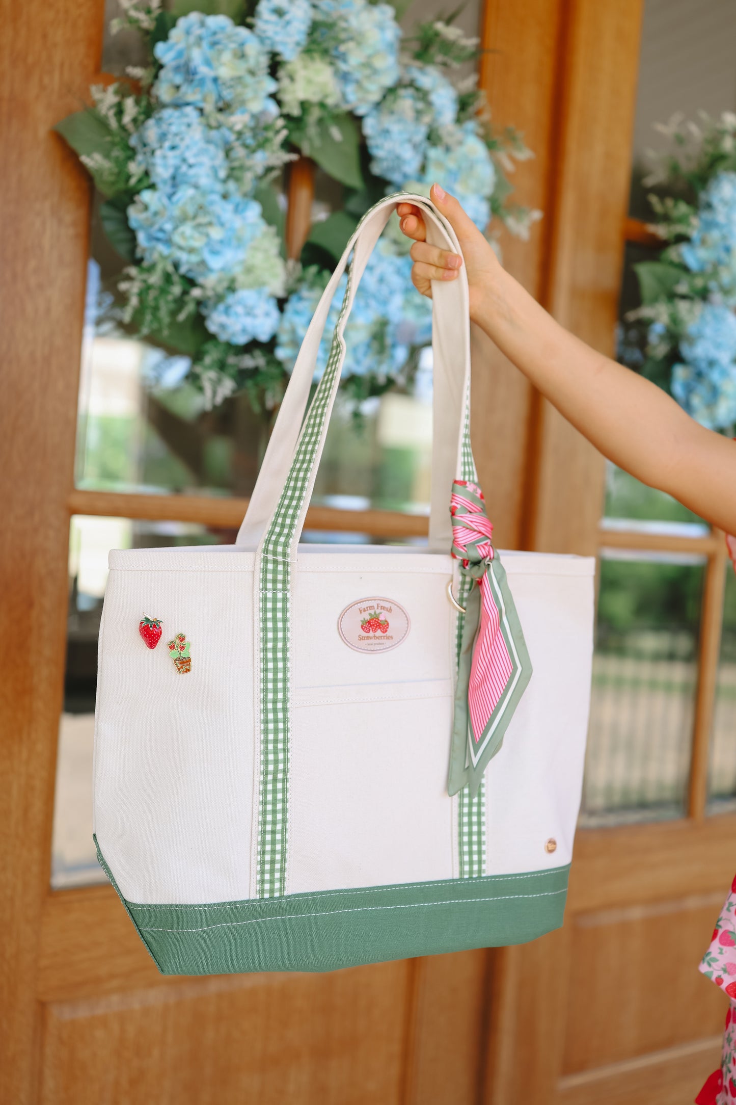 Farm Fresh Strawberry Field Canvas Tote Bag - Cream/Green