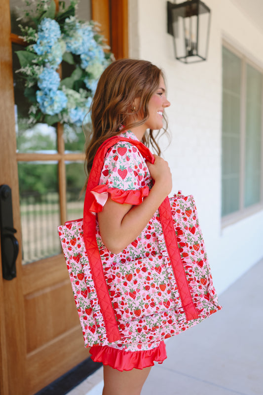 Strawberry Field Quilted Tote Bag - Red