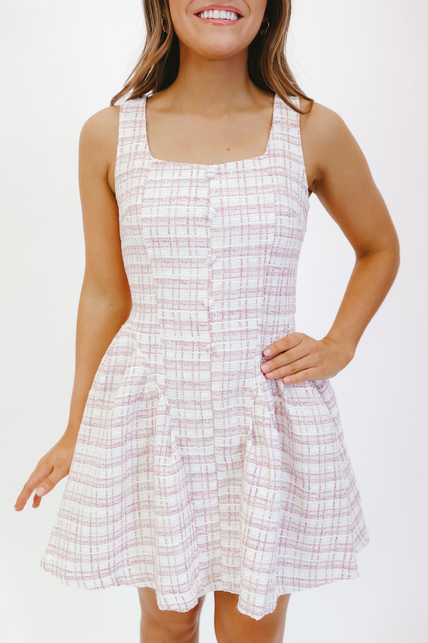 Leanna Tweed Button-Up Dress - Ivory/Pink