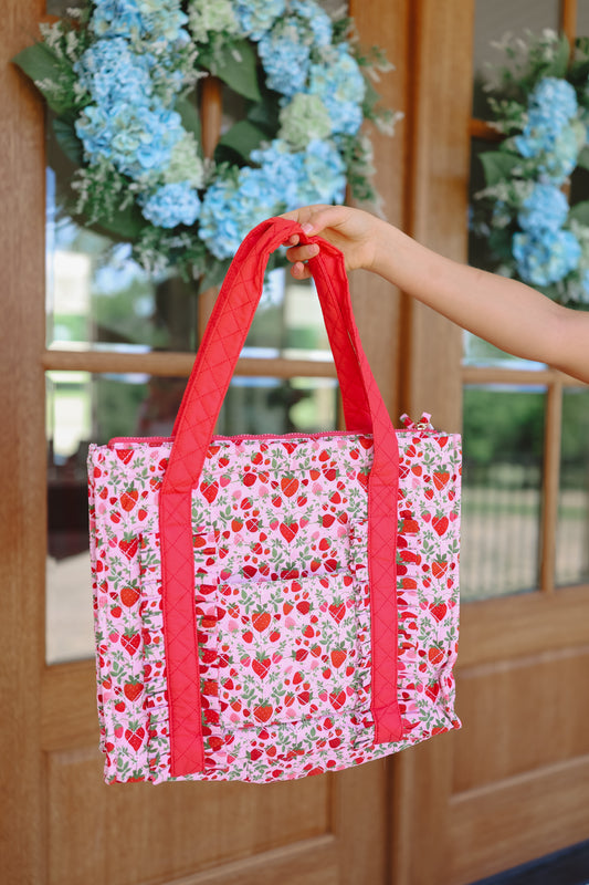 Strawberry Field Quilted Tote Bag - Red