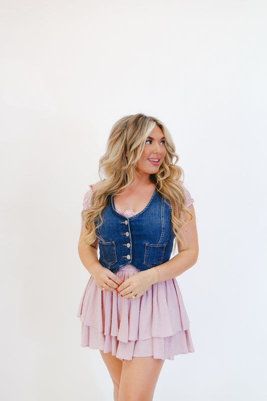Kerri Button Down Denim Vest - Dark Wash