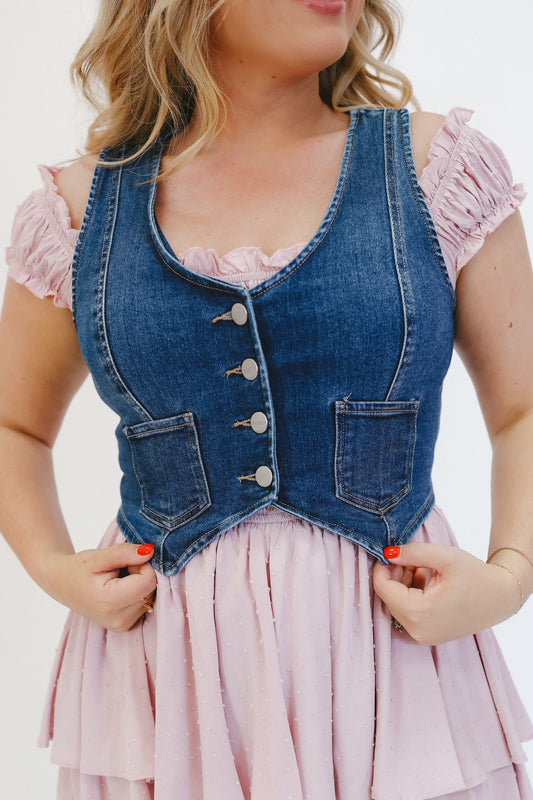Kerri Button Down Denim Vest - Dark Wash