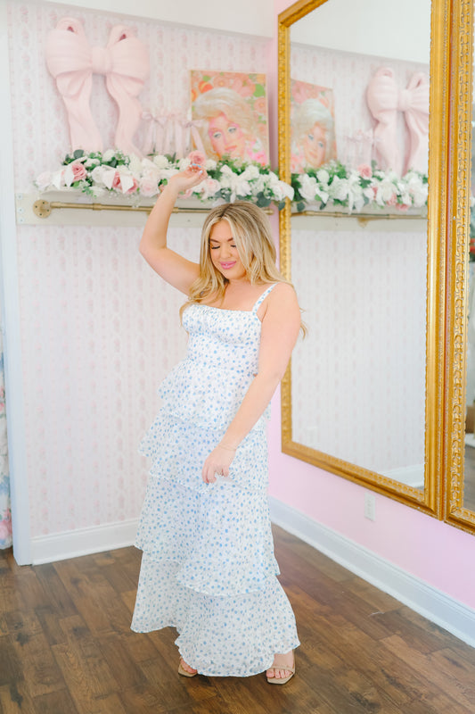 Corinne Floral Bow Back Tiered Maxi Dress - Blue