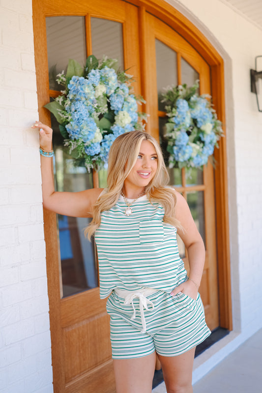 Kyrie Striped Tank & Short Set - Green/Ivory