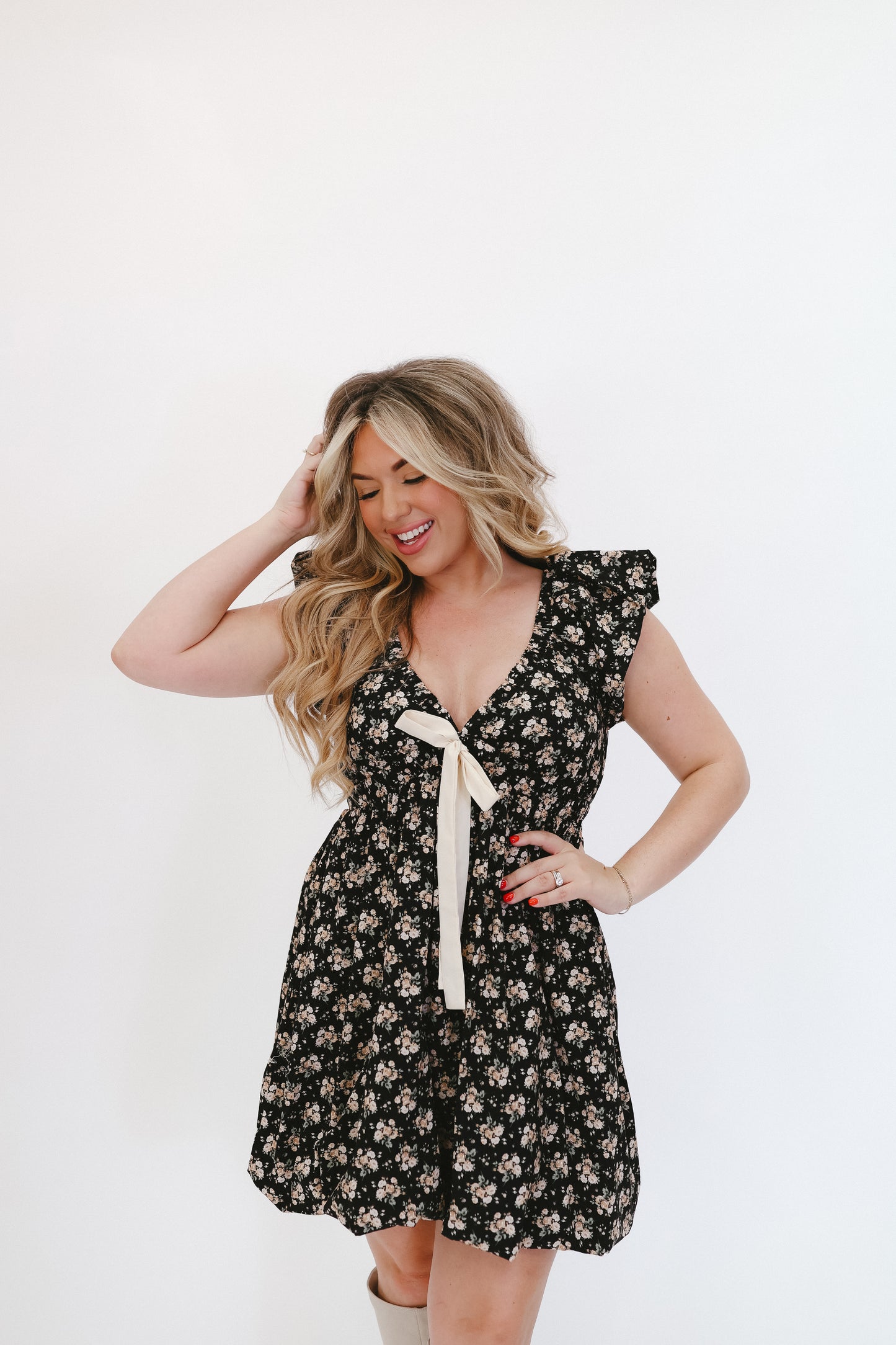 Victoria Bubble Sleeve Floral Dress - Black