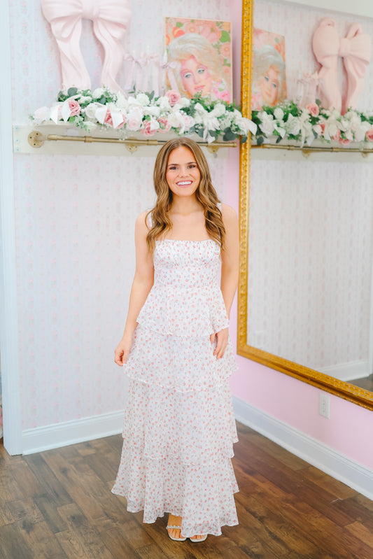 Corinne Floral Bow Back Tiered Maxi Dress - Coral