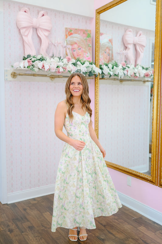 Adaline Floral Pleated Midi Dress - Yellow Multi