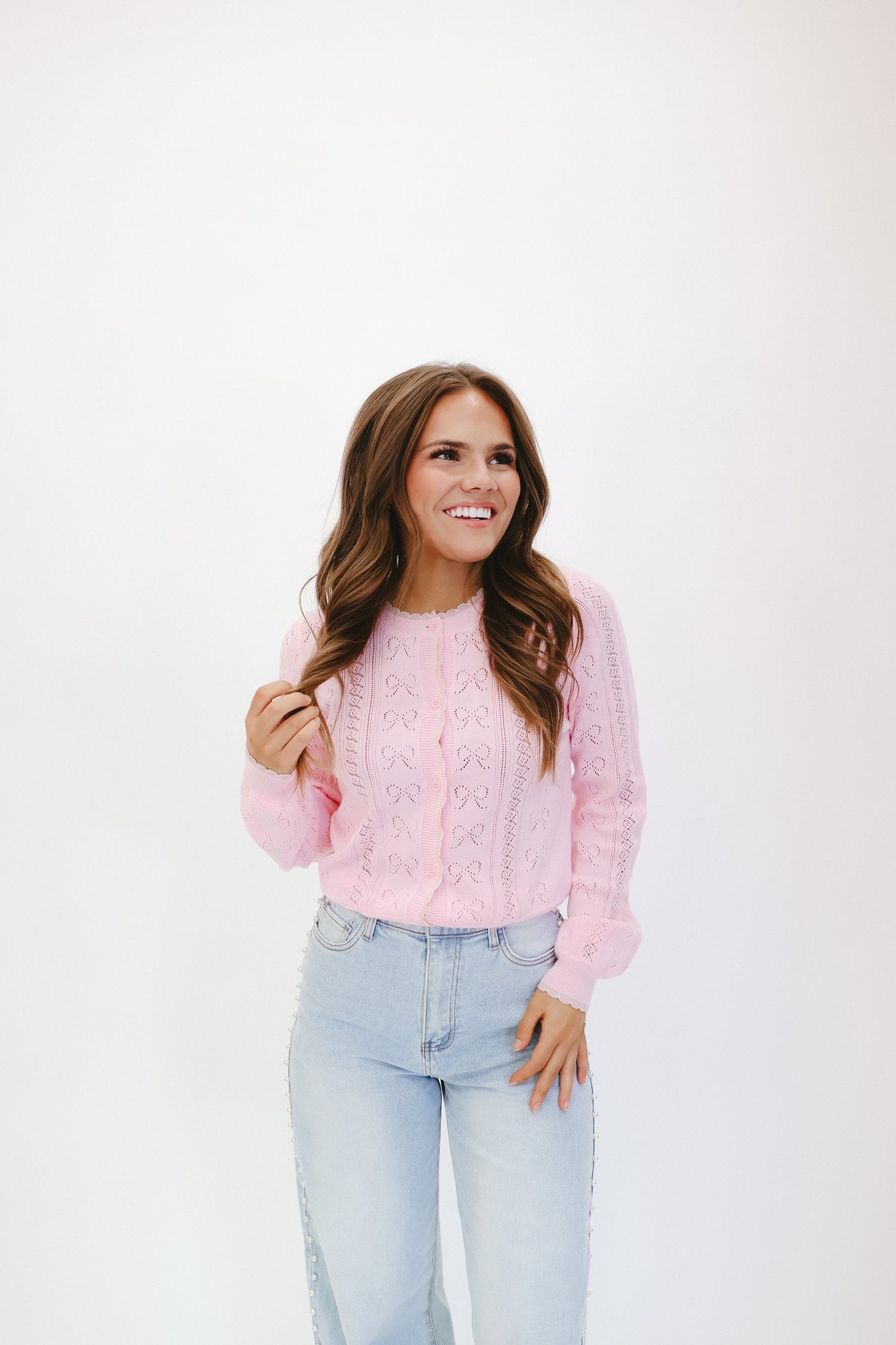 Jennie Bow Pointelle Cardigan - Pink