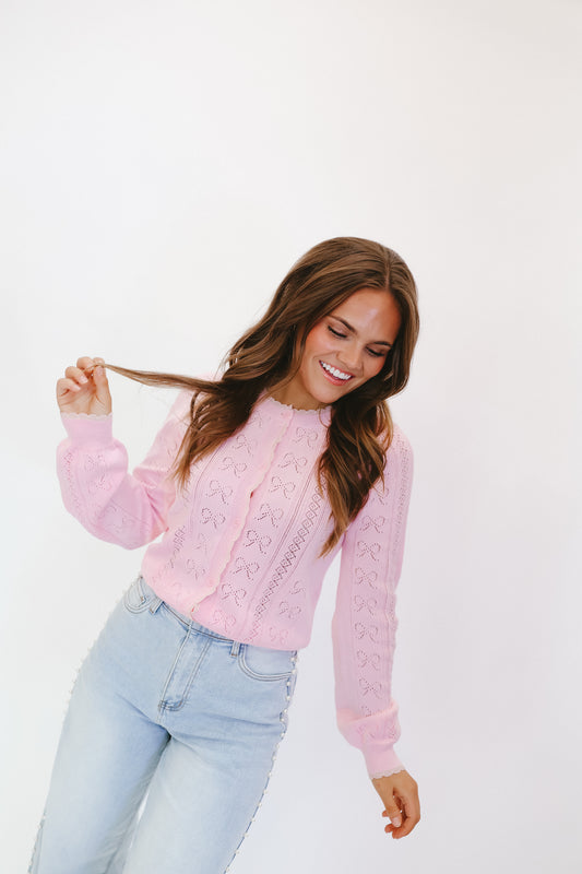 Jennie Bow Pointelle Cardigan - Pink