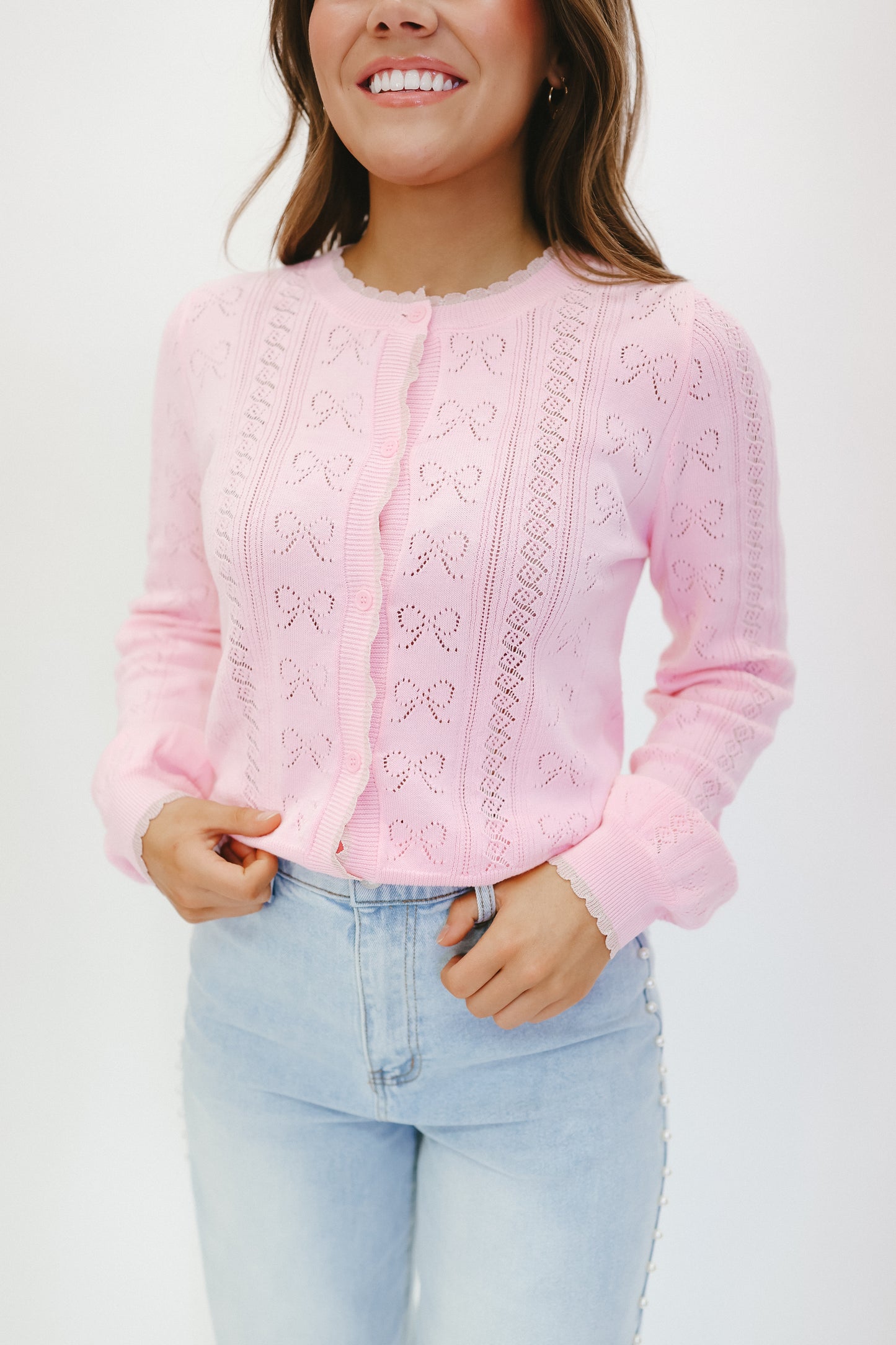 Jennie Bow Pointelle Cardigan - Pink