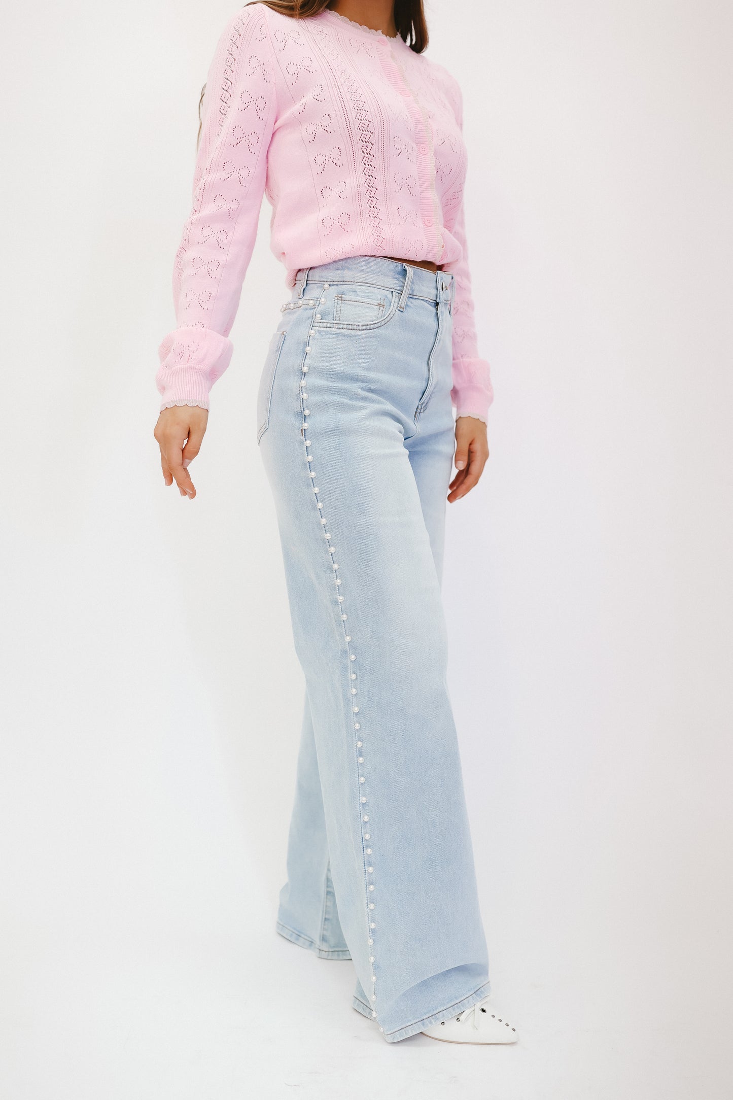 Reese Pearl Studded Wide Leg Jeans - Light Wash