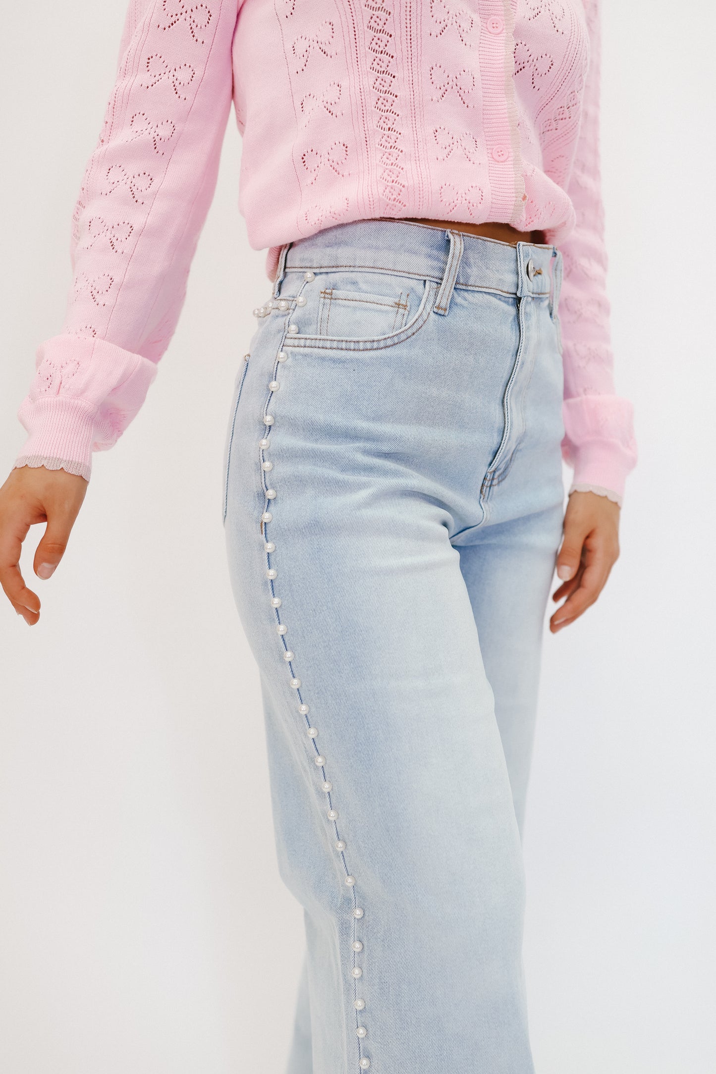 Reese Pearl Studded Wide Leg Jeans - Light Wash