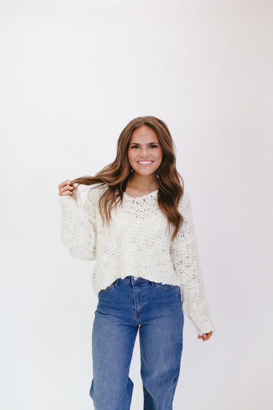 Sylvia V-Neck Popcorn Sweater - Cream