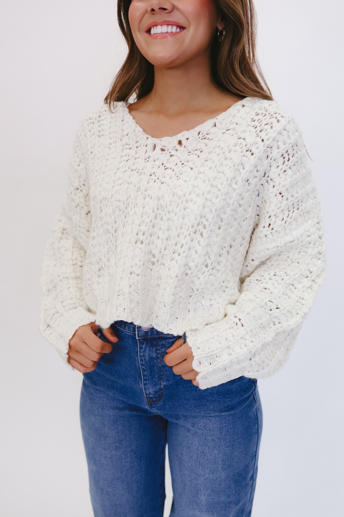 Sylvia V-Neck Popcorn Sweater - Cream