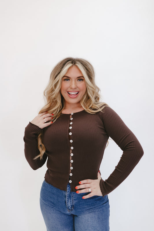 Greer Ribbed Button Down Top - Brown