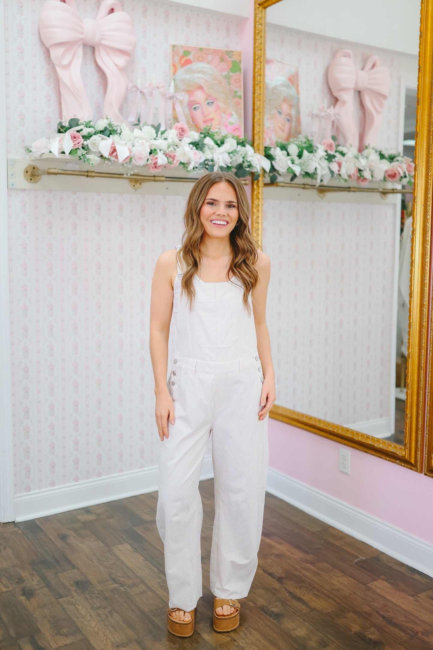 Natalie Striped Barrel Leg Overalls - Lt. Taupe/White