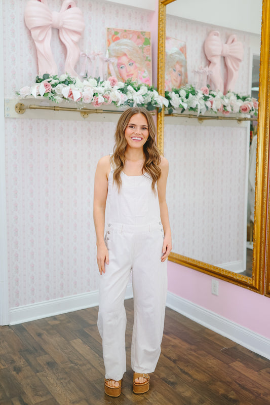Natalie Striped Barrel Leg Overalls - Lt. Taupe/White
