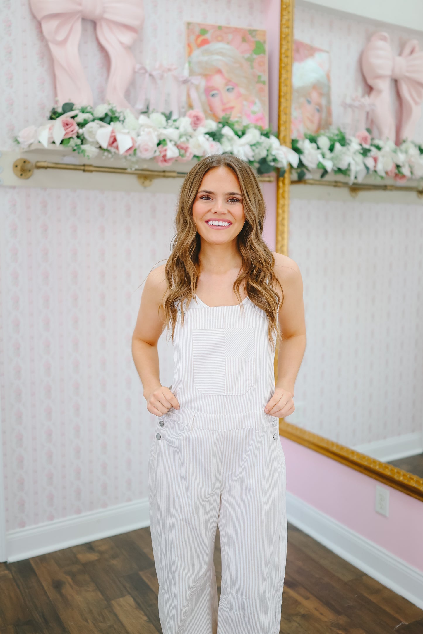 Natalie Striped Barrel Leg Overalls - Lt. Taupe/White