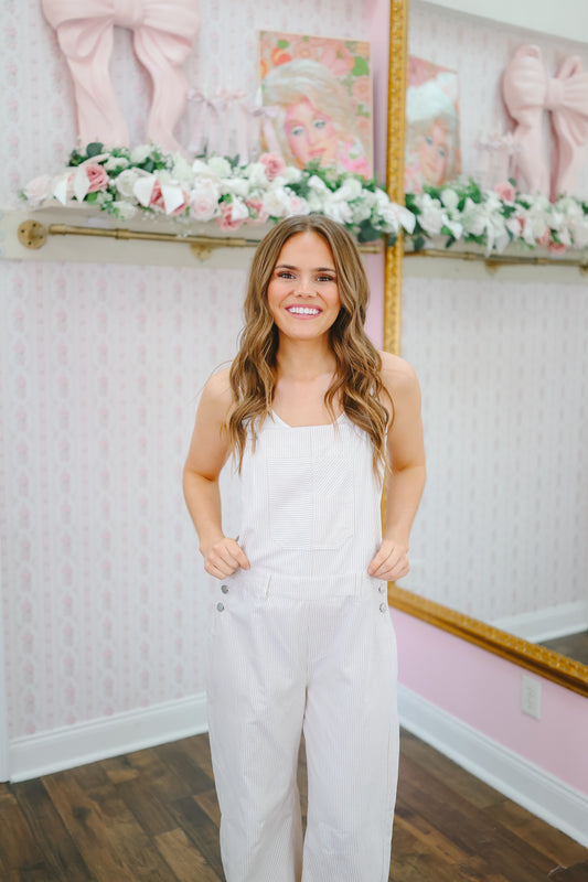 Natalie Striped Barrel Leg Overalls - Lt. Taupe/White